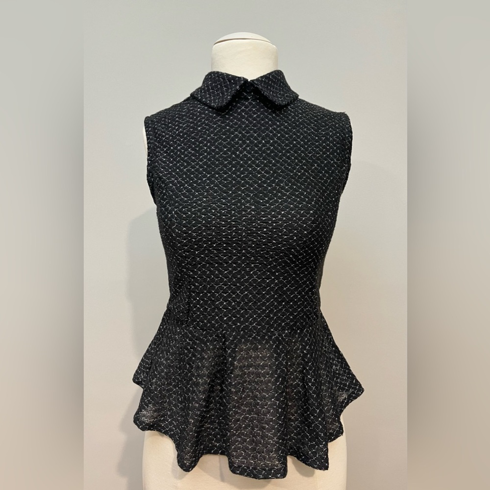 TIFFANYSLABEL BLACK EMBROIDERED PEPLUM TOP W/ COLLAR & SHIMMERING SILVER DETAILS